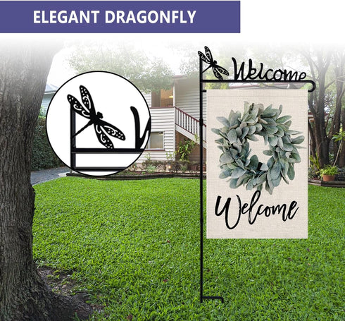 YEAHOME Garden Flag Stand Holder, Premium Yard Flag Holder with Dragonfly, Weather-Proof Metal Powder-Coated Flagpole for Fall Garden Flag, Hallow...