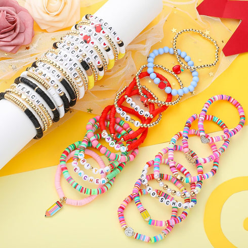 36 Pcs Back to School Teacher Appreciation Gifts Heishi Bracelets Bulk for Women Stackable Preppy Bracelets Teach Love Inspire Thank You Gifts for...