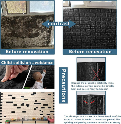 10 PCS Black 3D Wall Panels, 14.5 sq.feet Coverage, Printable Wallpaper Sticker with Self-Adhesive Waterproof Brick PE Foam Wall Panels Peel and S...