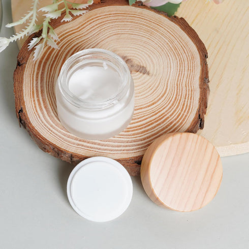 6Pcs Glass Cosmetic Containers with Wood Grain Lid Refillable Cosmetic Jar Frosted Glass Cream Container with Leak-proof Lid Empty Makeup Jar for ...