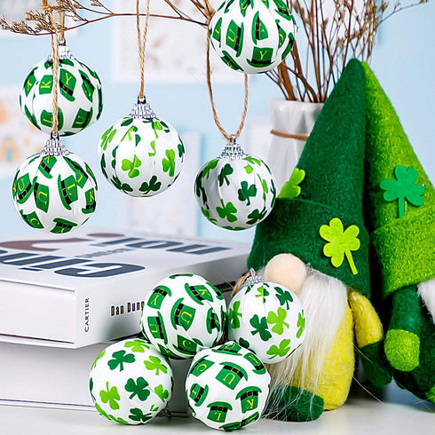 St. Patrick's Day Ball Ornaments, 12PCS Green Shamrocks and Hat Fabric Wrapped Balls, Decorative Hanging Ornaments for Tree Home Office Bedroom Pa...