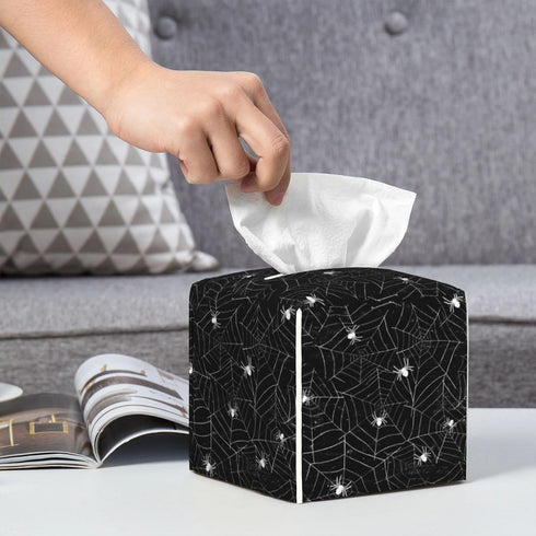 Leather Tissue Box Holder Spider Web Tissue Box Cover Square Waterproof Tissue Holder Organizer Modern Napkin Holder for Bedroom Dresser Night Sta...