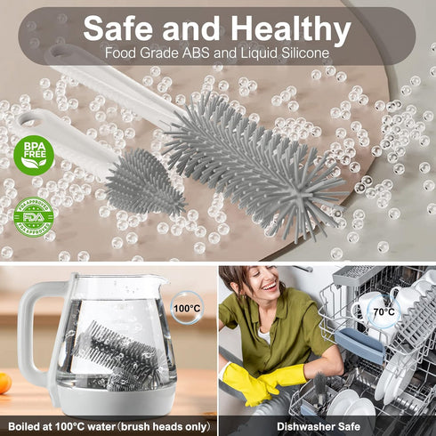 6 in 1 Bottle Cleaning Brush Set with Silicone Bottle Brush, Nipple Brush, Straw Brush, Soap Dispenser, Drying Rack for Baby Bottle and Water Bott...