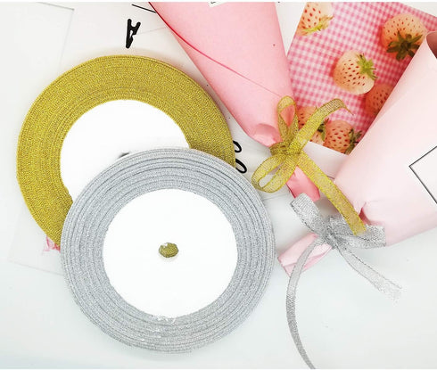 4 Roll Glitter Metallic Ribbon,Gold Silver Glitter Ribbon for Gift Crafters Wedding Party Birthday Wrap Hair Bows Floral Projects Wrapping Decorat...