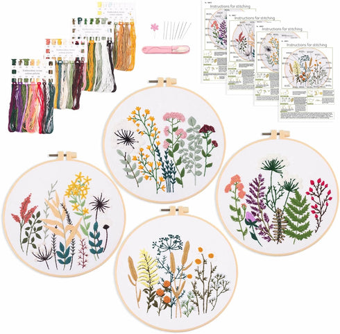Harimau 4pcs Beginner Embroidery Kit,Flower Pattern,Cross Stitch Kits, Including Stamped Embroidery Cloth with 2 Embroidery Hoops, Multicolor Colo...