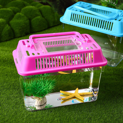 NOLITOY 4pcs Mini Fish Tank, Plastic Fish Box Breeding Case with Handle Desktop Fish Bowl Portable Aquarium for Shrimp Turtle Shrimp Goldfish (Ran...