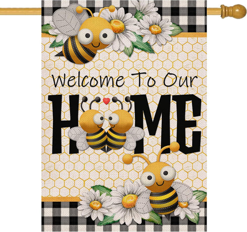 Welcome to Our Home Bumble Bee Spring Summer Decorative Large House Flag, Buffalo Plaid Check Daisy Home Outside Garden Yard Decorations, Farmhous...