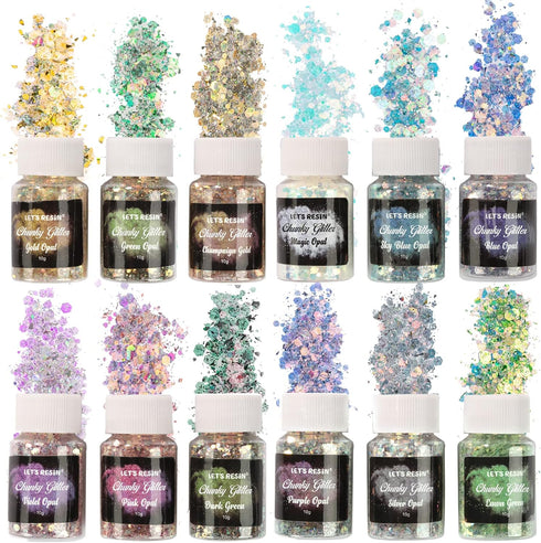 LET'S RESIN Opal Chunky Glitter for Resin, 12 * 10g Craft Glitter Powder for Tumblers/Slime, Iridescent Chameleon Glitter Sequins Festival Decor(E...