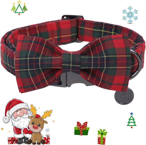 DOGWONG Christmas Red Plaid Dog Collar with Bowtie, Cute Cotton Dog Collar Red Christmas Dog Bowtie Durable Soft Pet Dog Collar for Small Medium L...