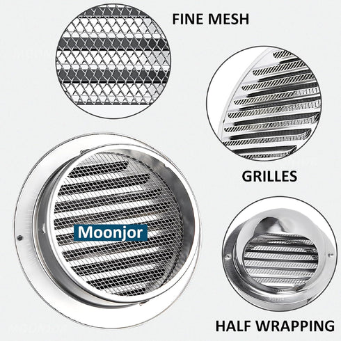 3 INCH Wall Air Vent Cover, Moonjor Thicken 304 Stainless Steel Round Extractor Wall External Cover for Apartment, Villa, Flats, House - Silver...