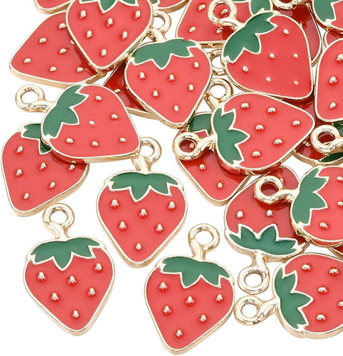DanLingJewelry 100 pcs Gold Plated Strawberry Charms Enamel Charms Pendants for Jewelry Making or DIY Crafts...