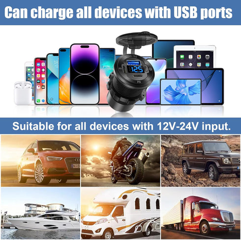 12V USB Car Socket Round USB C 12V Outlet, 3-Port Marine USB Fast Charger Waterproof Cigarette Outlet USB Replacement Aluminum with Switch & Voltm...