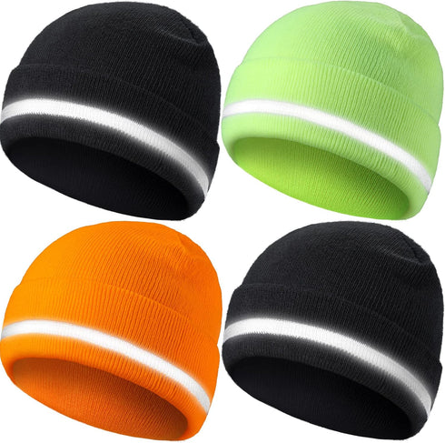 4 Pieces Reflective Hats for Men High Visibility Safety Knit Hats Unisex Winter Reflective Hat Cold Weather Running Winter Beanie Knitted Beanie w...