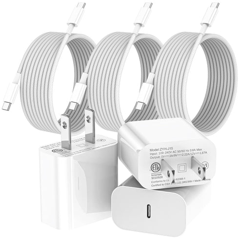iPhone 15 Charger Fast Charging 3 Pack 20W PD USB C Charger with 10ft Braided Type C to USB C Cable Fast Charging Compatible with iPhone 15/15 Pro...