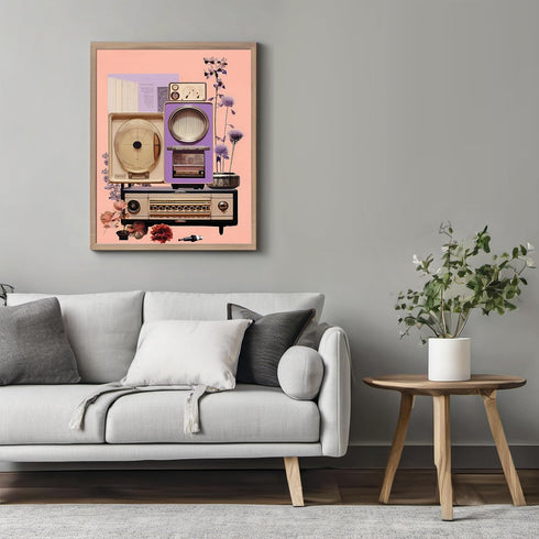 Posterizer 1 pcs-instruments and radio-pink and purple collage-Vintage Art-Abstract & Modern Art-Gift for Art Lovers- UNFRAMED Wall Art...