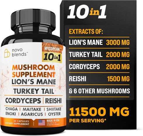 Mushroom Supplement 10x Complex - Lions Mane, Turkey Tail, Cordyceps, Reishi, Chaga, Maitake, Shiitake, Oyster Extract Mushrooms - Nootropic Brain...