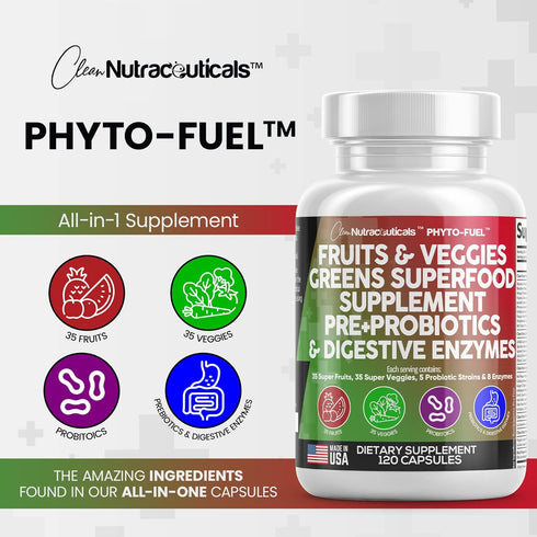 Clean Nutraceuticals Fruits and Veggies Supplement Reds & Green Superfood - Balance of Over 70 Fruit & Vegetable Supplements Capsules with Probiot...