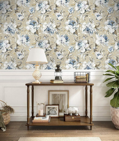 HAOKHOME 94030-2 Vintage Damask Wallpaper Peel and Stick Floral Removable Wall Paper Tan/Cream/Blue for Bedroom Contact Paper 17.7in x 9.8ft...