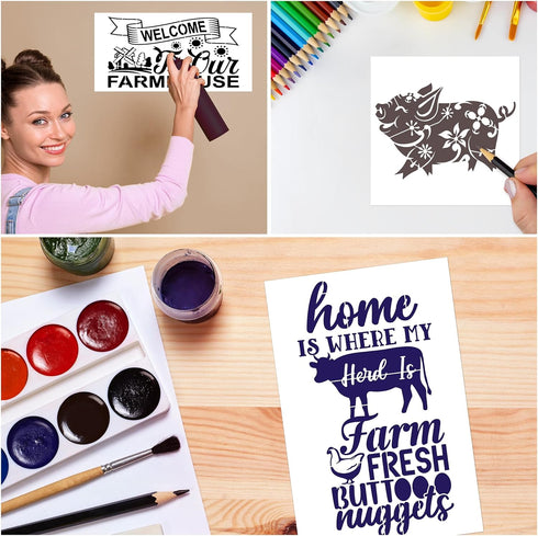 Farmhouse Animal Stencils, 18 Pack Reusable Welcome Farm Stencils for Painting on Wood Sign Decor, Pig Cow Chicken Stencils for Painting on Wood, ...