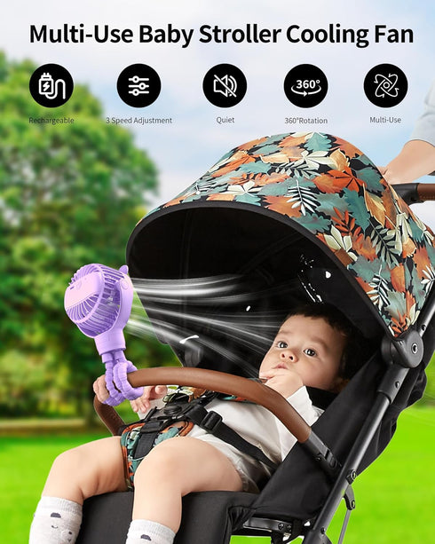 Baby Stroller Fan, Rechargeable Portable Fan with 2000 mAh Battery Operated,3 Wind Speed,360-Degree Rotation,Ultra-Low Noise Level,Safe mini fan f...