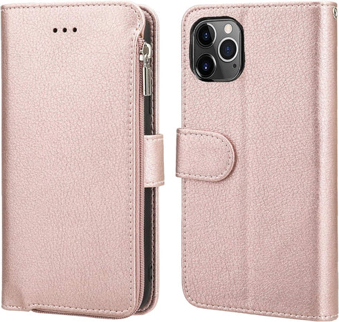 KIHUWEY Compatible with iPhone 12 Pro Max Wallet Case Premium Leather Zipper with Card Holder and Wrist Strap,Kickstand and Protective Lanyard Pur...