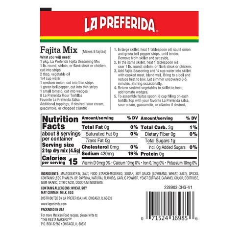 La Preferida Fajita Seasoning Mix (Bold Tex-Mex Spice Blend) for Chicken, Veggies & Steak – No MSG, No Artificial Flavors or Preservatives, 1.25oz...