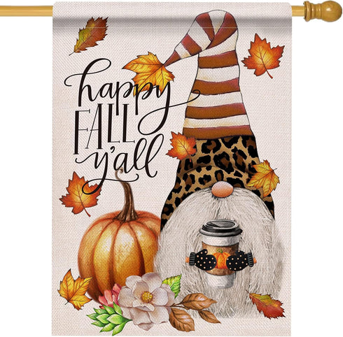 Happy Fall Y'all Coffee Gnome Pumpkin Large House Flag Double Sided, Autumn Maple Leaf Leopard Striped Decorative Garden Yard Outdoor Decor, Thank...