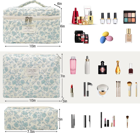 3PCS Quilted Makeup Bag Set, Floral Cute Cotton Quilted Makeup Bag Set, Extra Large Small Travel Essential Pouch Cosmetic Bag Organizer Aesthetic ...