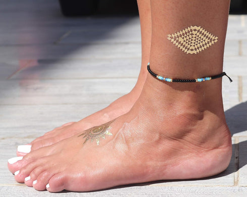 Anklet for Women, Unique Beaded Thin Anklet, Black Gold Colorful Boho Hippie Waterproof Beach Foot Jewelry, Native American Style, Handmade by Tri...