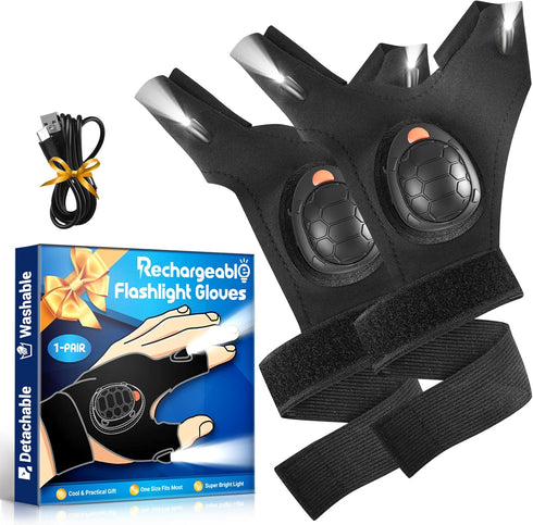 LED Flashlight Gloves with Waterproof Lights - Rechargeable Finger Light Stocking Stuffers for Men Dad Husband Cool Gadgets Tool Fishing Camping U...