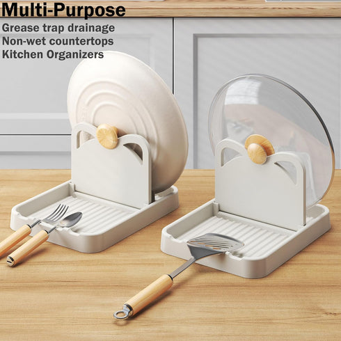 H&W 2Pcs Spoon Rest with Lid Holder,Foldable Spoon Holder for Kitchen Counter,Cat Pot Lid Holder for Spoons,Pot Lids,Spatulas,Utensils,Forks(Beige...