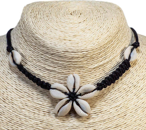 BlueRica Braided Black Cord Choker Necklace with Cowrie Shell Flower Pendant...