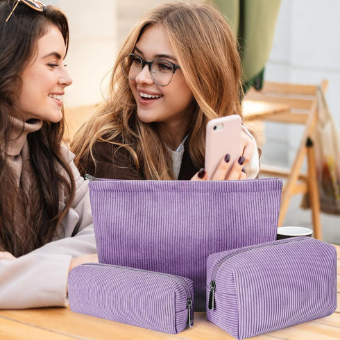 3 Pack Corduroy Makeup Bags, Travel Cosmetic Bags Cute Makeup Bags Corduroy Cosmetic Pouch with Zipper Preppy Skincare Bags Washable Portable Toil...