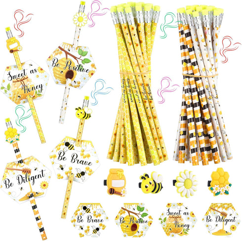 48 Sets Bee Themed Gifts 48 Scented Bee Inspirational Pencils, 48 Motivational Cards and 48 Pencil Topper Clip for Kids Graduation Gifts End of th...