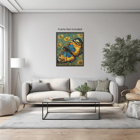 Posterizer 1 pcs- yellow and blue butterfly on wild white flowers-Art for Animal Lovers-Gift for Art Lovers-Living Room Bedroom Decor- unframed wa...