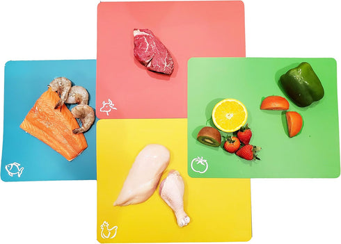 Flexible Plastic Cutting Board Mats with Food Icons &"EZ-Grip" Waffle Back, (set of 4), For Kitchen & Bar…...