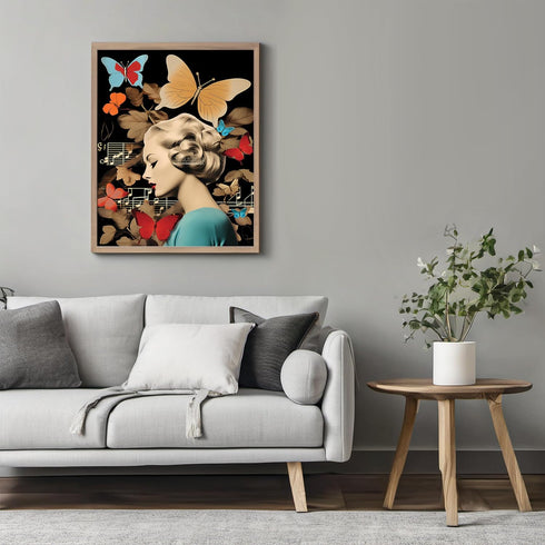 Posterizer 1 pcs-vintage woman-butterflies , music notes collage-Retro Art-Abstract & Modern Art-Gift for Art Lovers- UNFRAMED Wall Art...