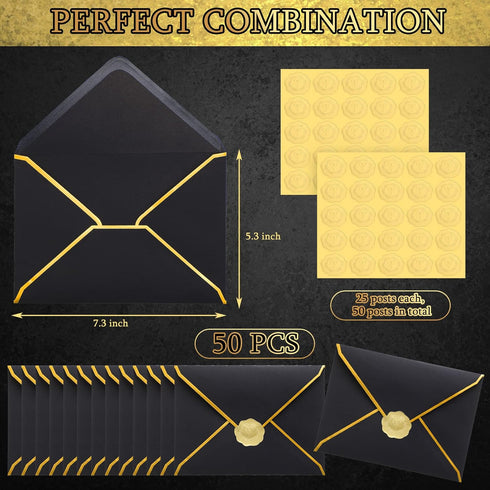 50 Pcs A7 Envelopes 5 x 7 Card Envelopes and 50 Pcs Gold Embossed Wax Seal Envelopes Self Adhesive V Flap Envelopes with Gold Border for Graduatio...