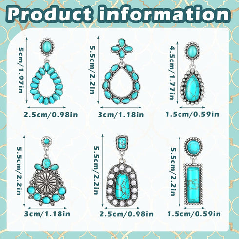 BBTO 6 Pairs Turquoise Oval Earrings Turquoise Bohemian Dangle Boho Cowboy Leather Vintage Earrings Leather Wood Teardrop Earrings Aztec Pattern T...