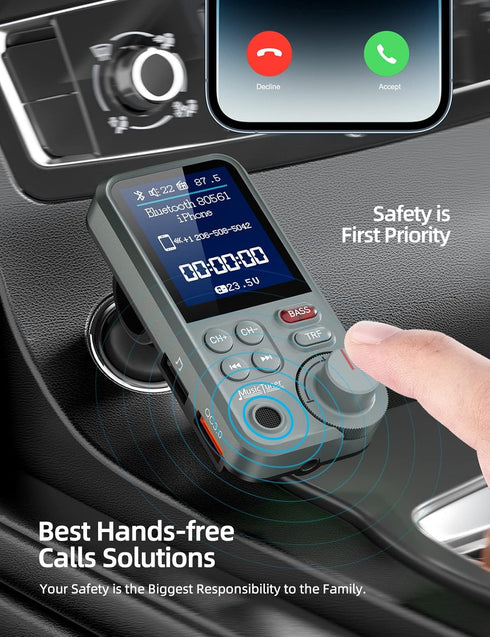Nulaxy FM Bluetooth Transmitter for car, Strong Microphone Bluetooth Car Adapter with 1.8" Color Screen for Hands-Free Calls, Supports QC3.0 Charg...