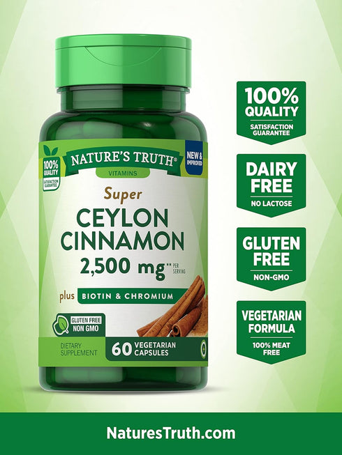 Ceylon Cinnamon Capsules | 2500mg | 60 Count | Vegetarian, Non-GMO & Gluten Free Supplement | Plus Chromium and Biotin | by Nature's Truth...