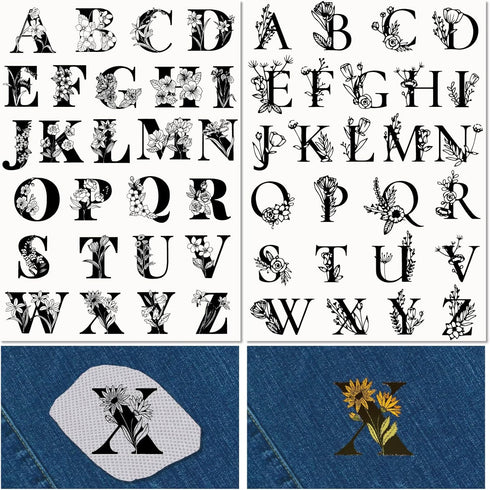 CRASPIRE 2 Sheets Floral A-Z letters Water Soluble Embroidery Stabilizers 52Pcs Patterns Hand Sewing Stick and Stitch A4 Transfers Fabric Wash Awa...