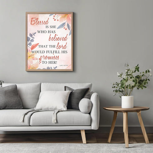 Posterizer 1 pcs-Blessed Is She Who Believed Lords Promises-Bible Verse-Luke 1:45 NIV-Religious -Quotes- Gifts for Christians-Decor for Church- Cl...