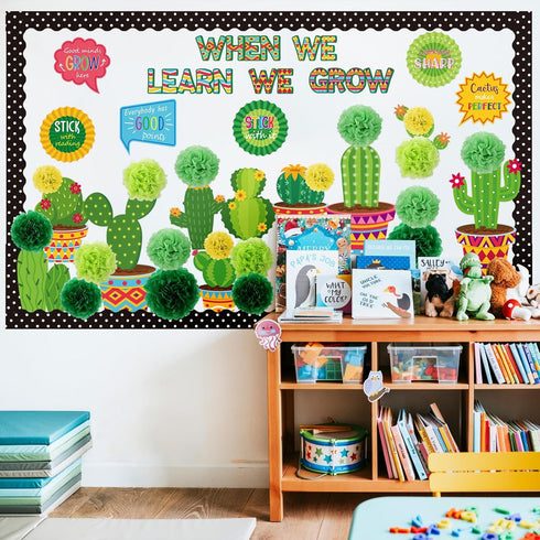 66 Pieces Cactus Classroom Decor When We Learn We Grow Bulletin Board Decorations Set Cactus Cutouts Tissue Paper Pompoms for Kindergarten Element...