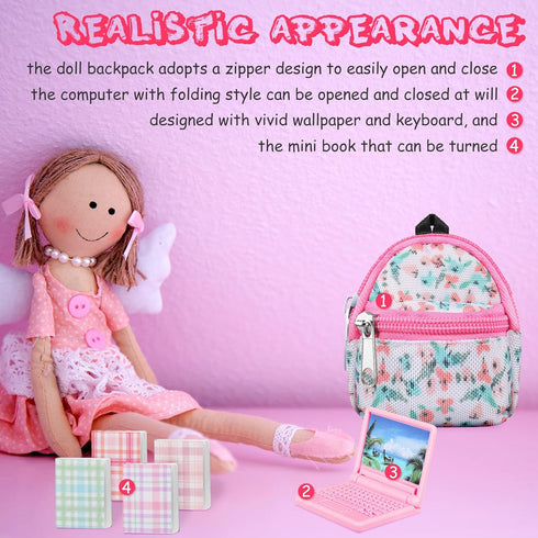 20 Pieces Mini Backpack for Dolls Doll Travel Accessories Include Doll Backpack with Zipper Laptop Books Headsets Sunglasses Scene Simulation Toy ...