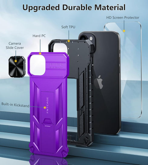 FNTCASE for iPhone 15 Plus Case: Heavy Duty Shockproof Cover with Kickstand | Rugged Military Grade Drop Proof Protection Matte Textured TPU Prote...