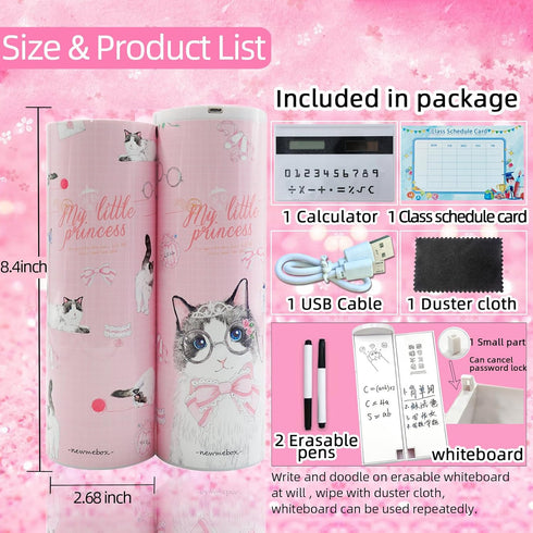 Lockable Pencil Case with Calculator, Standing Cylinder Shape, Multifunctional Password Lock Pen Box, Locking Desk Organizer, Cute Patterns for Gi...