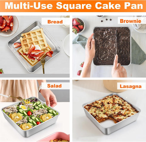 TeamFar 6 Inch Square Cake Pan, Stainless Steel Square Baking Pan for Lasagna Cake Brownie, Healthy & Heavy Duty, Dishwasher Safe & Easy Clean, Br...
