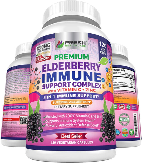 FRESH HEALTHCARE Elderberry Capsules - High Potency Black Elderberry with Zinc and Vitamin C - Premium Elderberry Vitamins for Adults - 3 in 1 Imm...