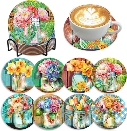 8 PCS Diamond Art Coasters-Flower Diamond Painting Coasters Kits with Holder,DIY Flowers Diamond Art Coasters Kit for Beginners Adults Art Craft S...